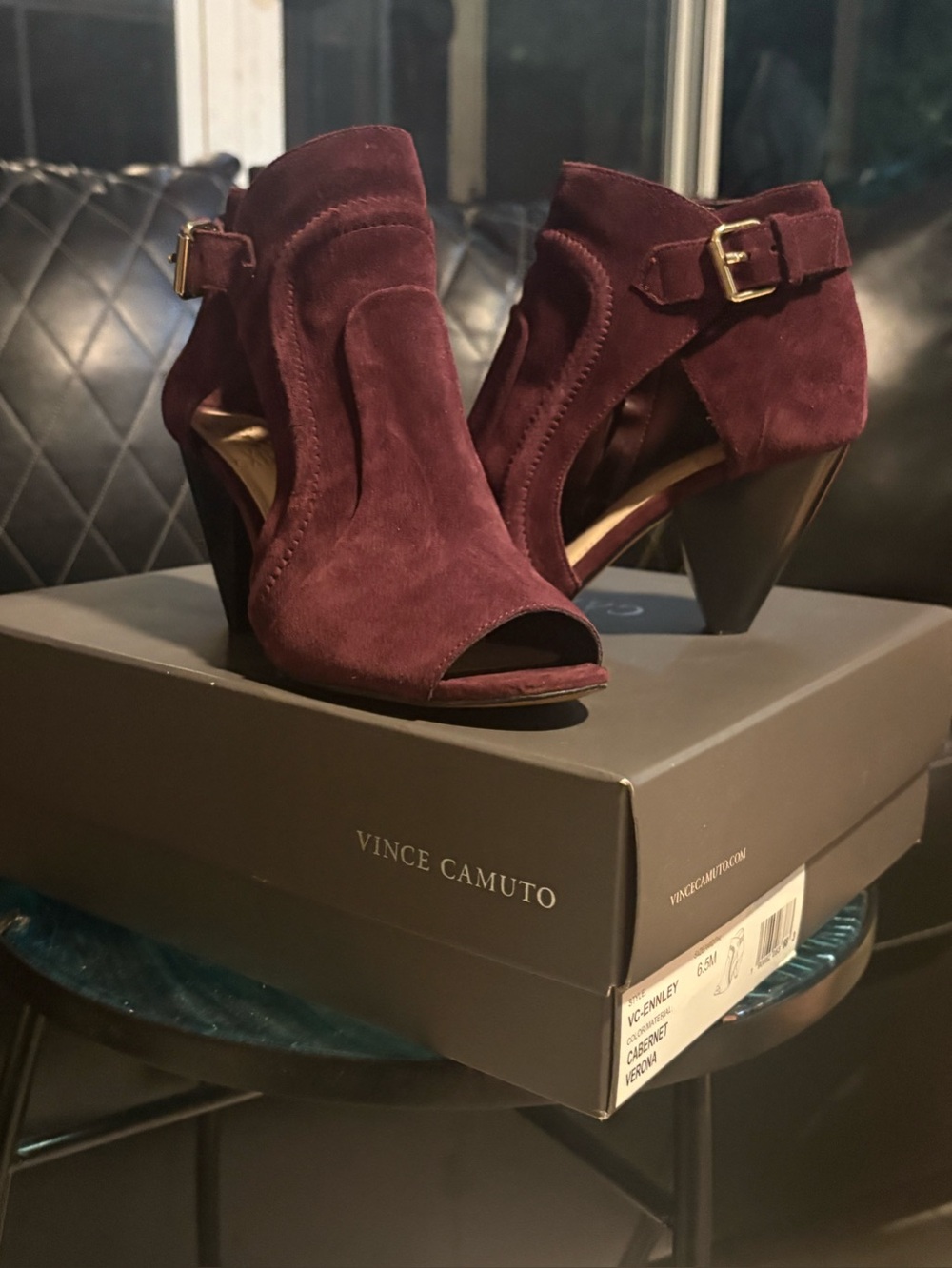 Vince Camuto Suede Open-Toe Ankle Strap Heels in Burgundy